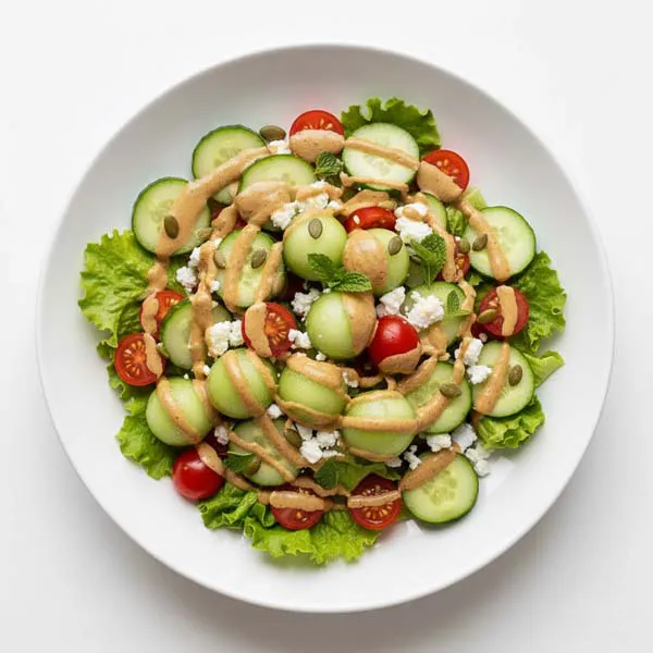 Fresh Honeydew, Cucumber, Feta And Cherry Tomato Salad With Maple Pumpkin Seed Dressing